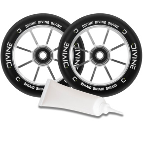 Set de 2 ruedas Divine 110 mm Spoked plateadas + aceite Divine para rodamientos