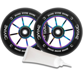 Set de 2 ruedas Divine 120 mm Spoked neochrome + aceite Divine para rodamientos