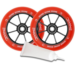 Set de 2 ruedas Divine 110 mm Spoked rojas + aceite Divine para rodamientos